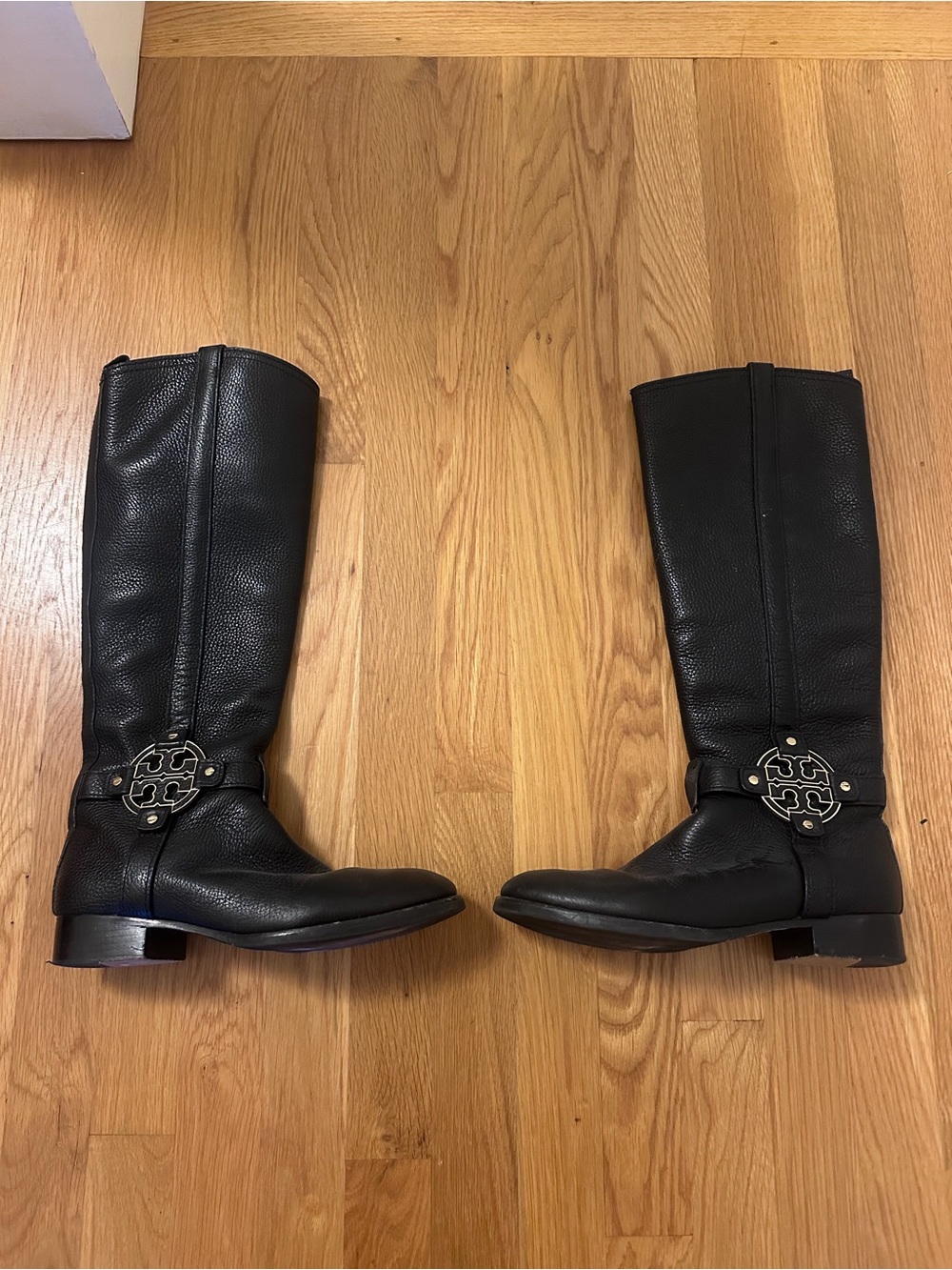 Tory Burch Black Leather Knee Boots with Logo Medallions